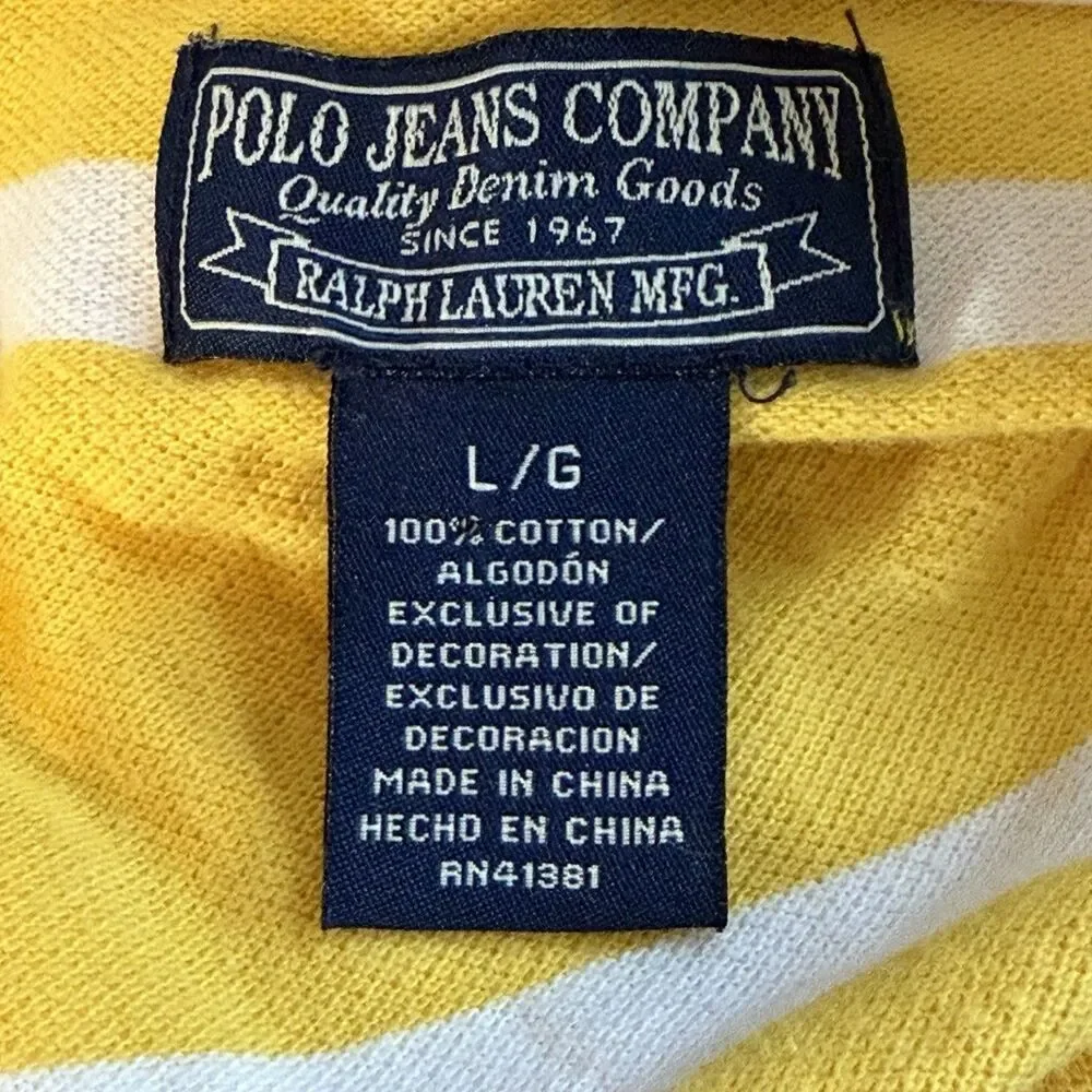 Polo Jeans Co Ralph Lauren Polo Shirt Mens L Yellow White Striped RL Flag Logo